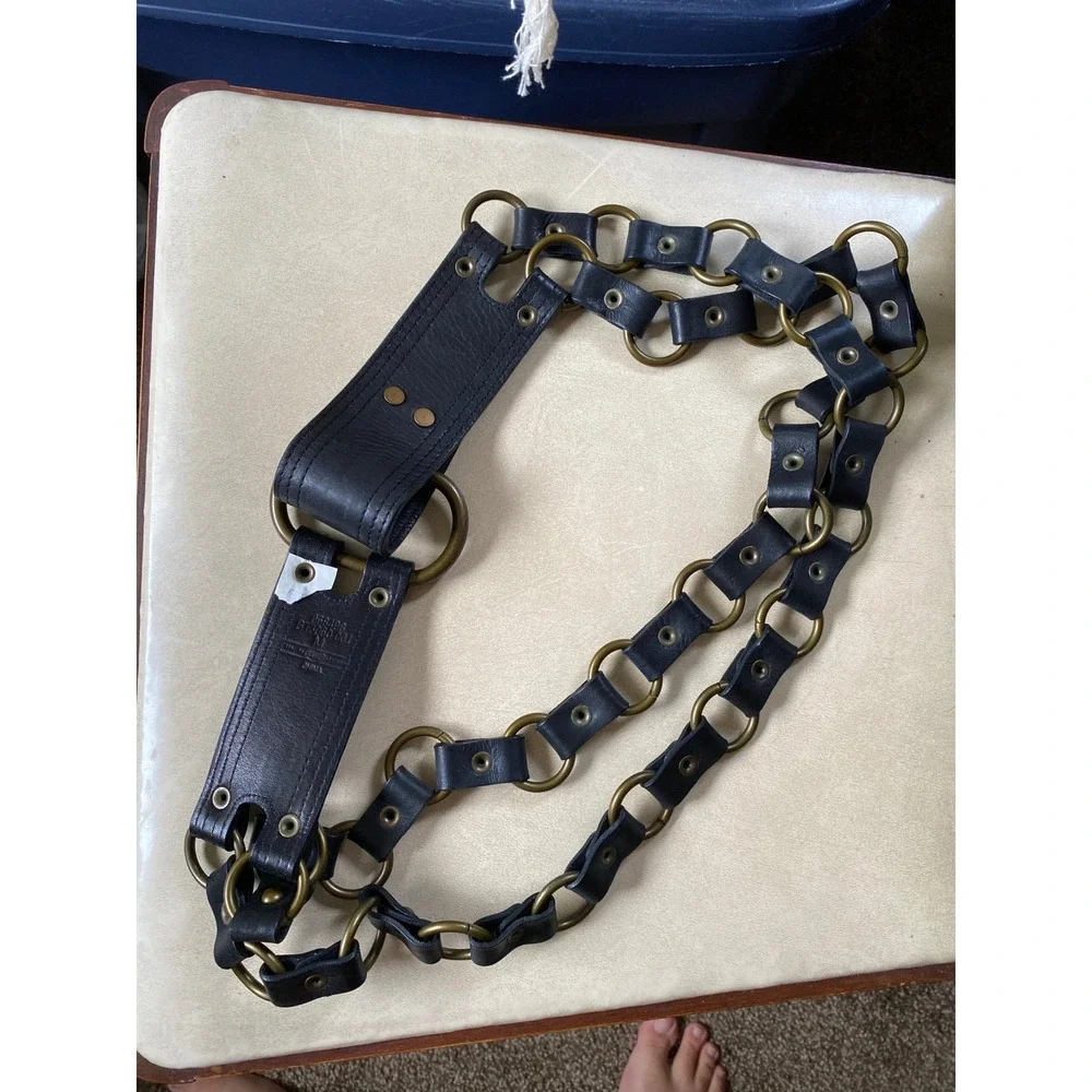 Vintage Chain Link Leather O-Ring Studded Belt M Black Brass Steampunk Goth Y2K